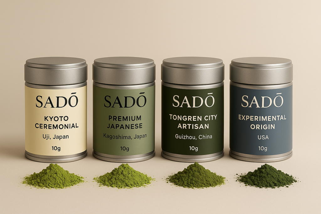 Four tins of Sado matcha with corresponding amounts of green powder on a beige background